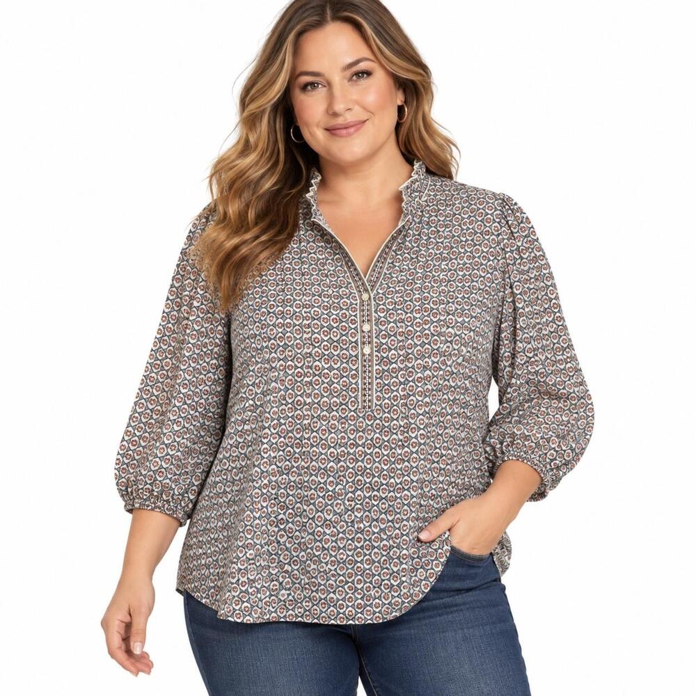 Max Studio Tunic Blouse Womens 1X White Floral Print V Neck 3/4 Sleeve Top